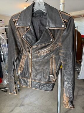 Zara Black Leather Distressed-Trim Biker Jacket